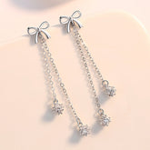 Bow with Zircon Tassels Silver Drop Earrings for Women
